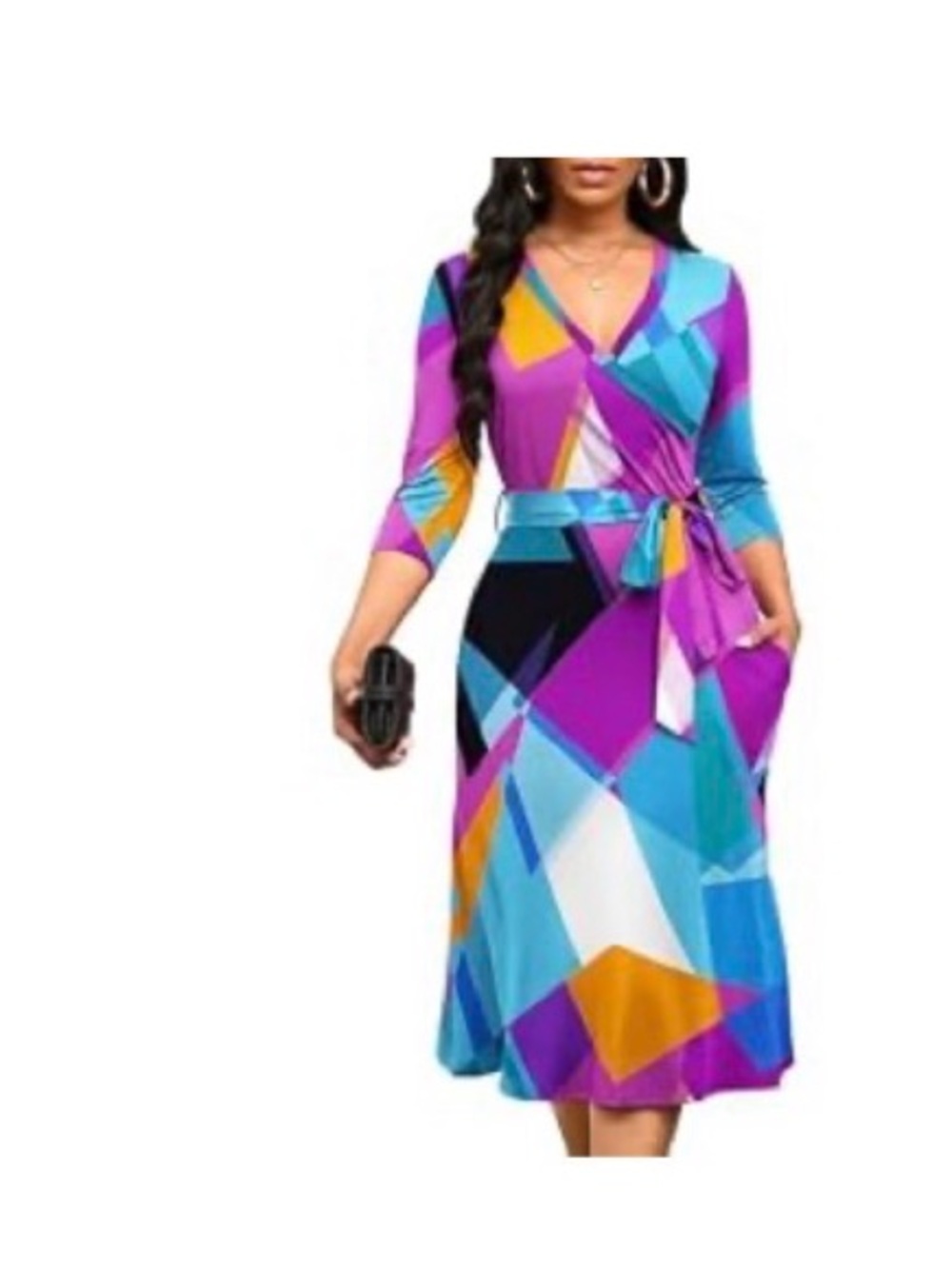 Geometric Print Wrap Dress in Purple and Blue
